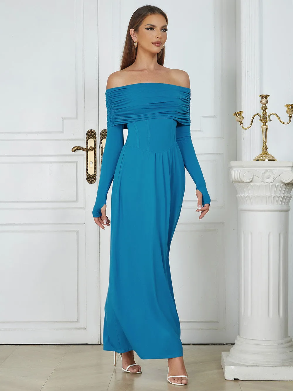 Off Shoulder With Gloves Maxi Bodycon Dress HB0336
