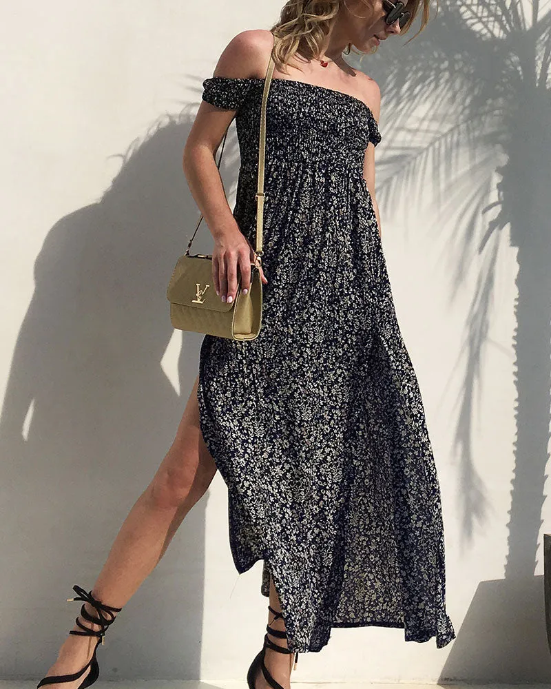 Off The Shoulder Split Leg Side Floral Maxi Dresses
