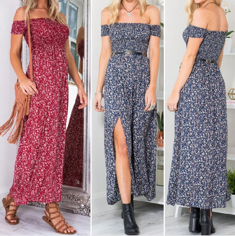Off The Shoulder Split Leg Side Floral Maxi Dresses