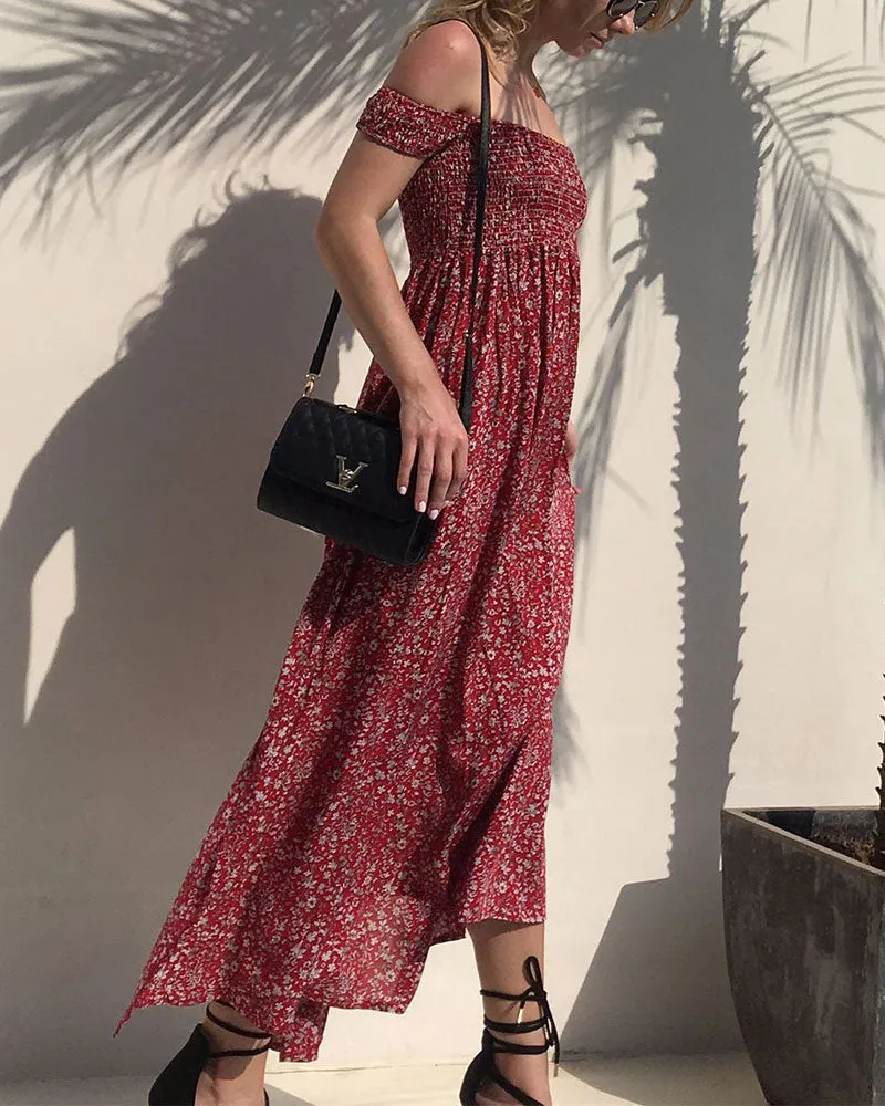 Off The Shoulder Split Leg Side Floral Maxi Dresses