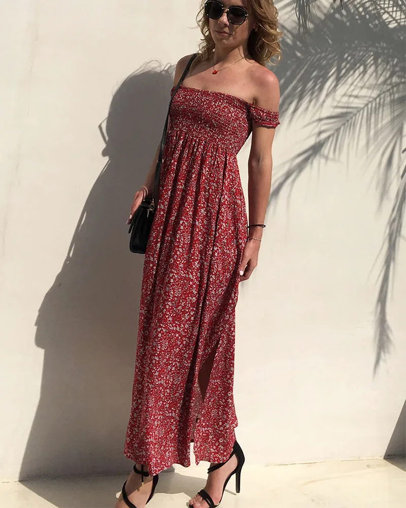 Off The Shoulder Split Leg Side Floral Maxi Dresses