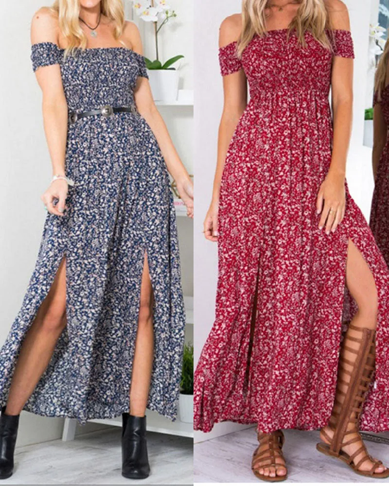 Off The Shoulder Split Leg Side Floral Maxi Dresses