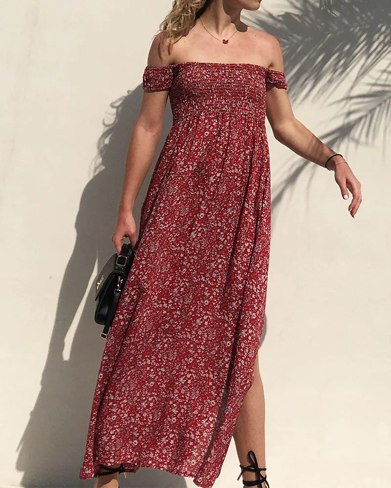 Off The Shoulder Split Leg Side Floral Maxi Dresses