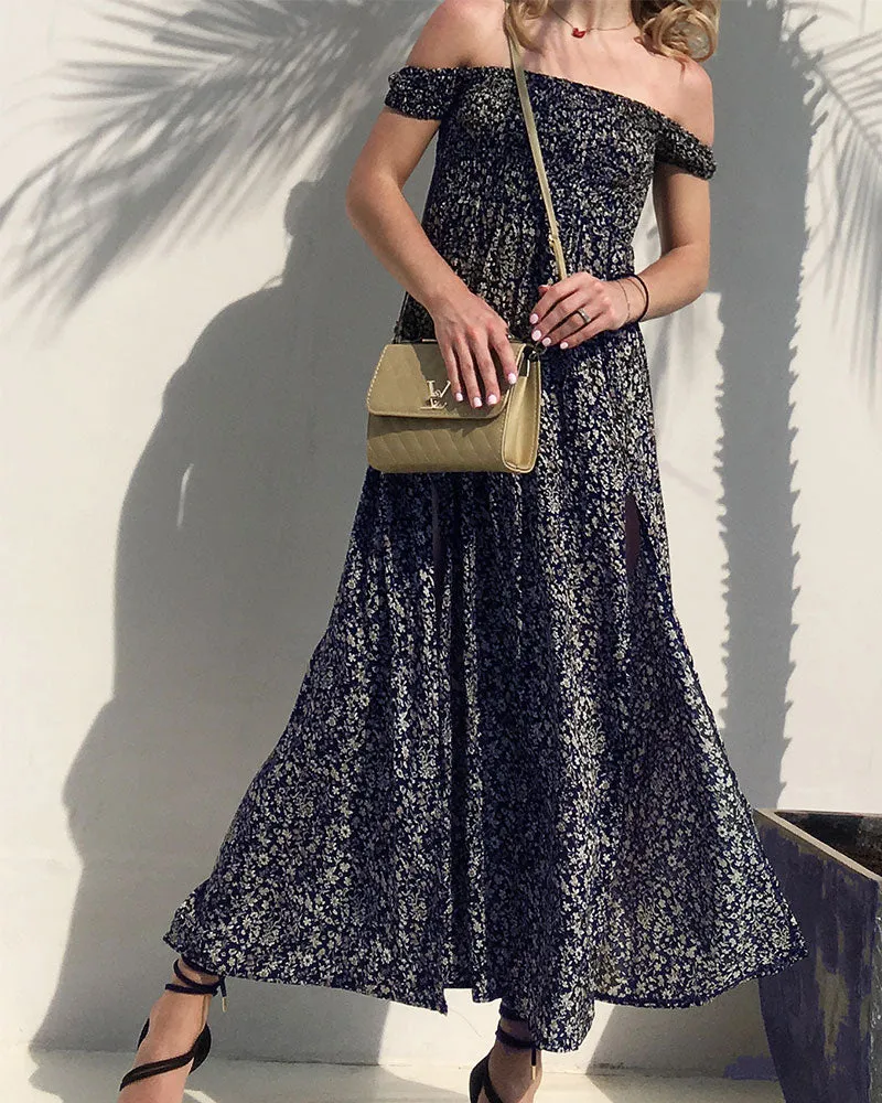 Off The Shoulder Split Leg Side Floral Maxi Dresses