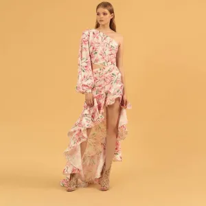One Shoulder Long Sleeve Floral Maxi Dress KLYF1234