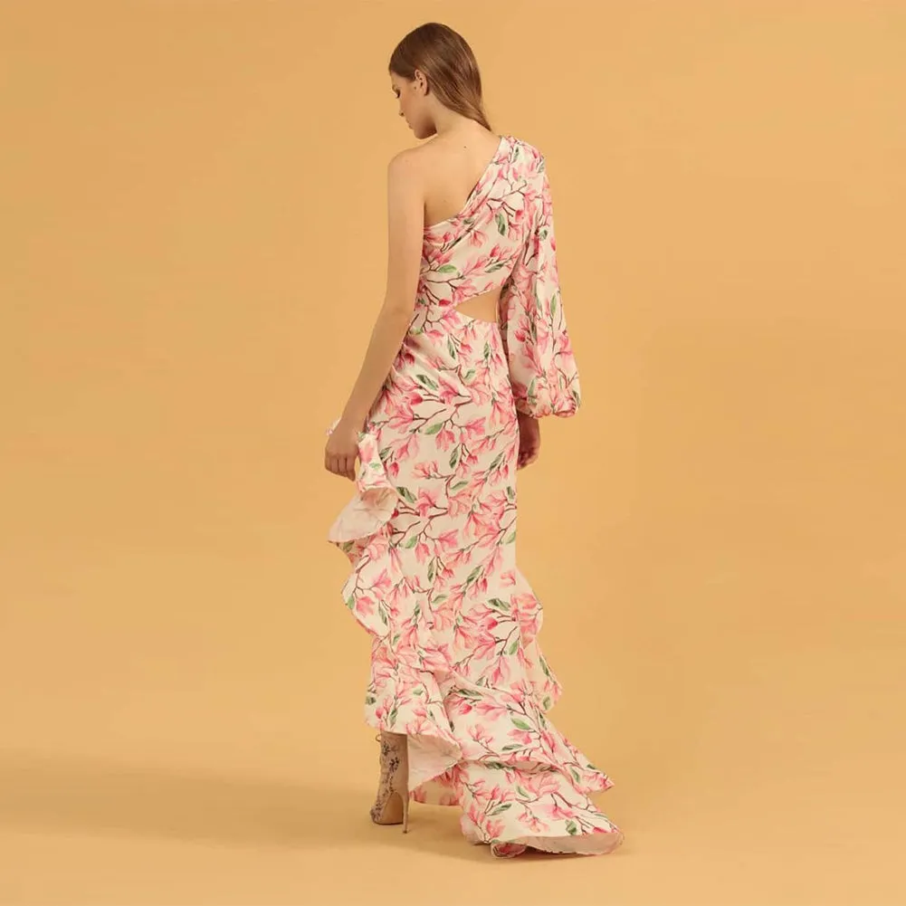 One Shoulder Long Sleeve Floral Maxi Dress KLYF1234