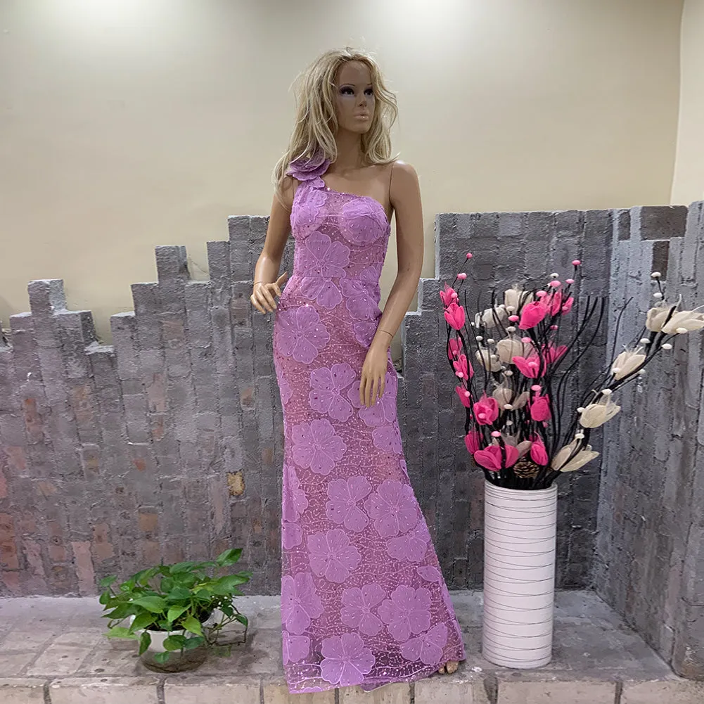 One Shoulder Sleeveless Flowery Maxi Bodycon Dress HT20660