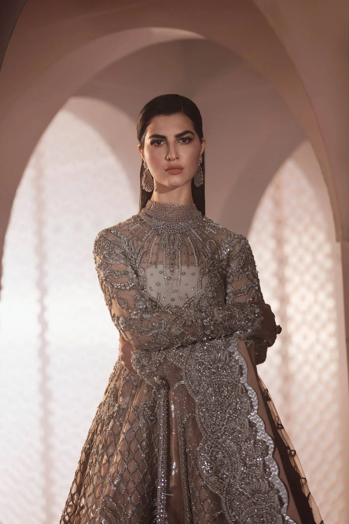 Pakistani Bridal Maxi for Walima in White Net #BN912