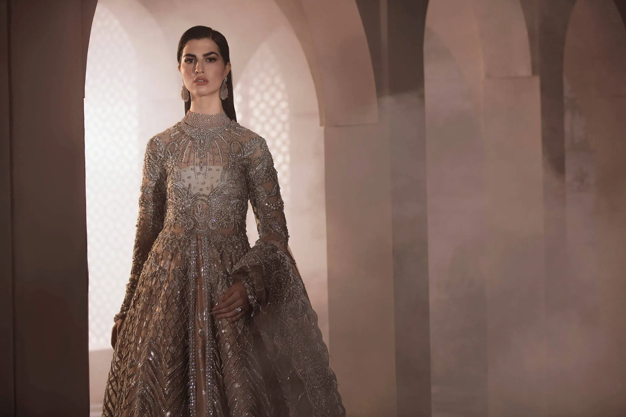 Pakistani Bridal Maxi for Walima in White Net #BN912
