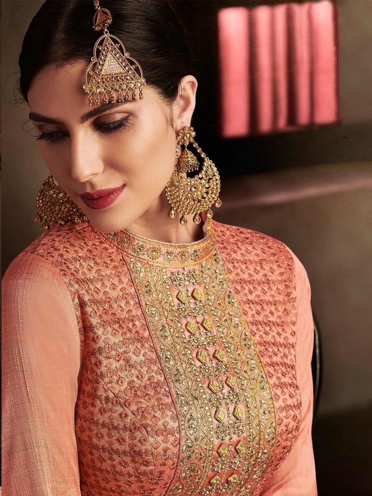 Peach And Gold Embroidered Anarkali Lehenga Style Suit