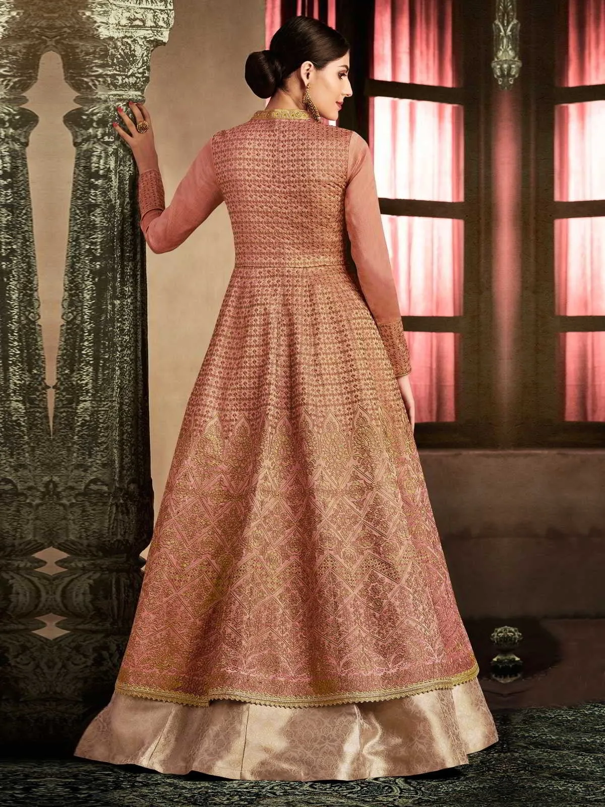 Peach And Gold Embroidered Anarkali Lehenga Style Suit