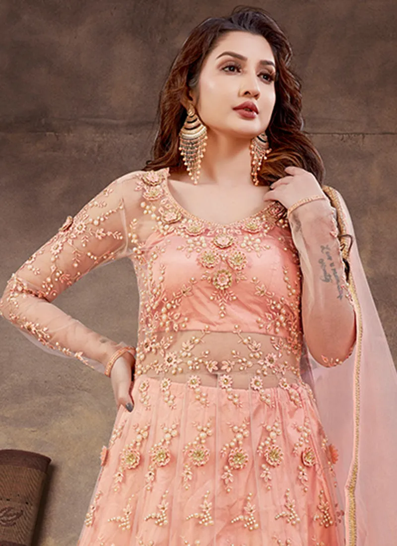 Peach Multi Embroidery Wedding Anarkali Lehenga