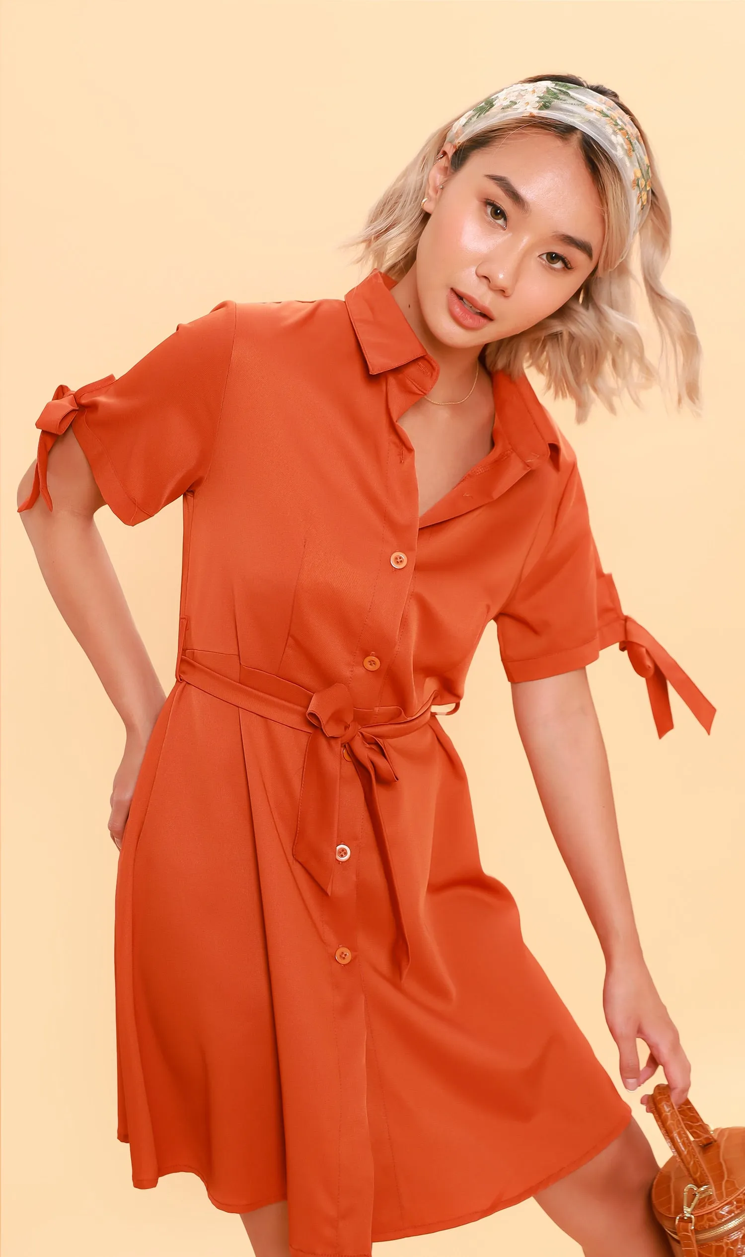 PEYTON Belted Button-Down Dress (Carrot)