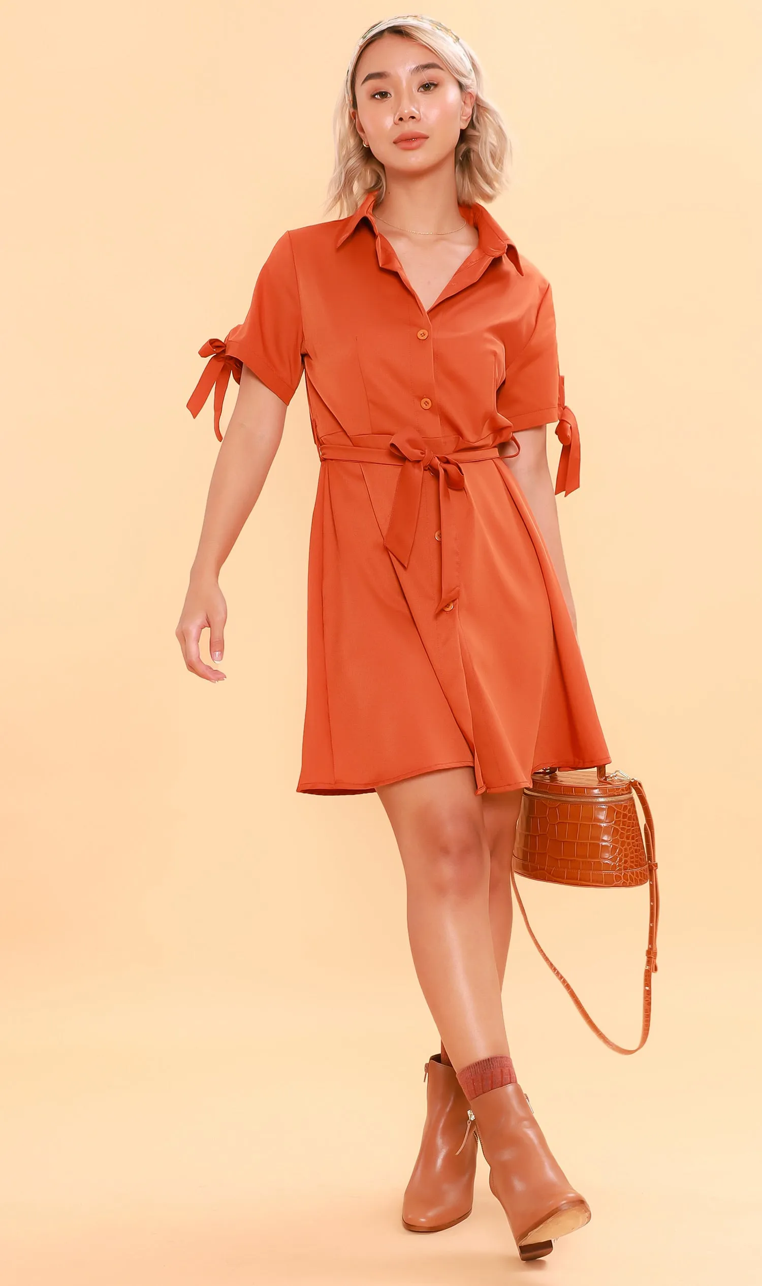 PEYTON Belted Button-Down Dress (Carrot)