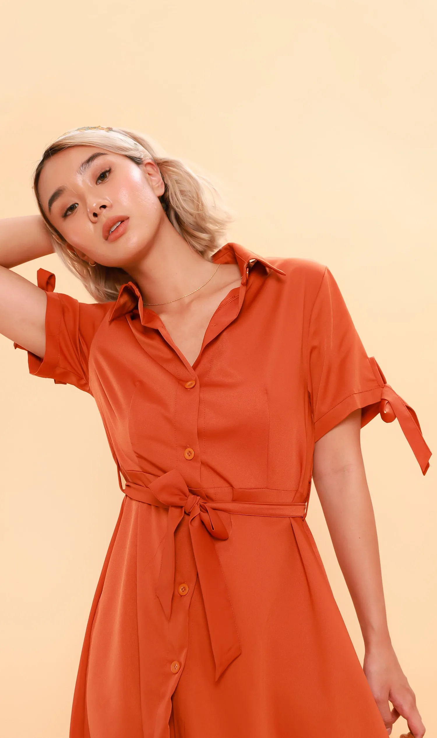 PEYTON Belted Button-Down Dress (Carrot)