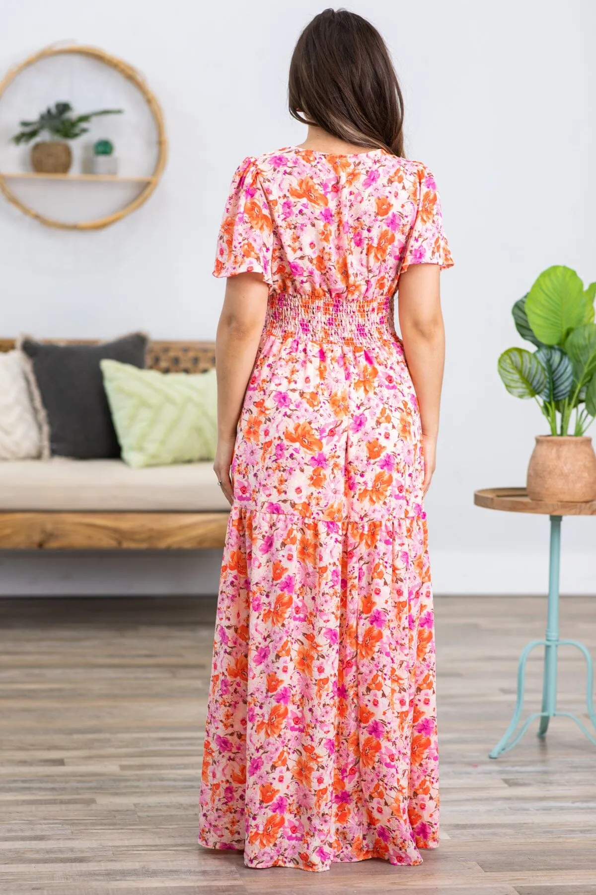 Pink and Coral Short Sleeve Maxi Dress