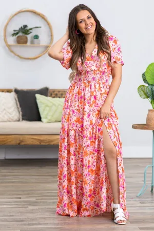 Pink and Coral Short Sleeve Maxi Dress