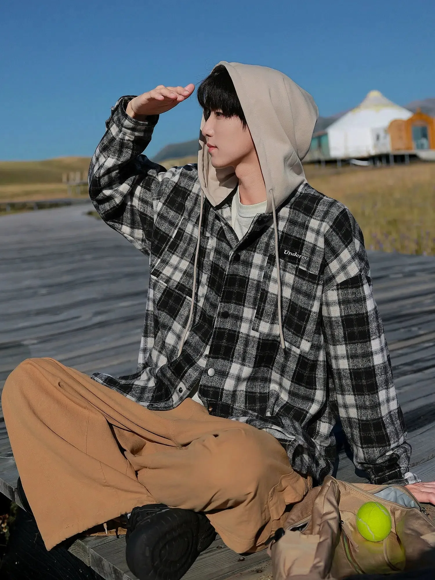 Plaid Button-Up Hoodie Jacket