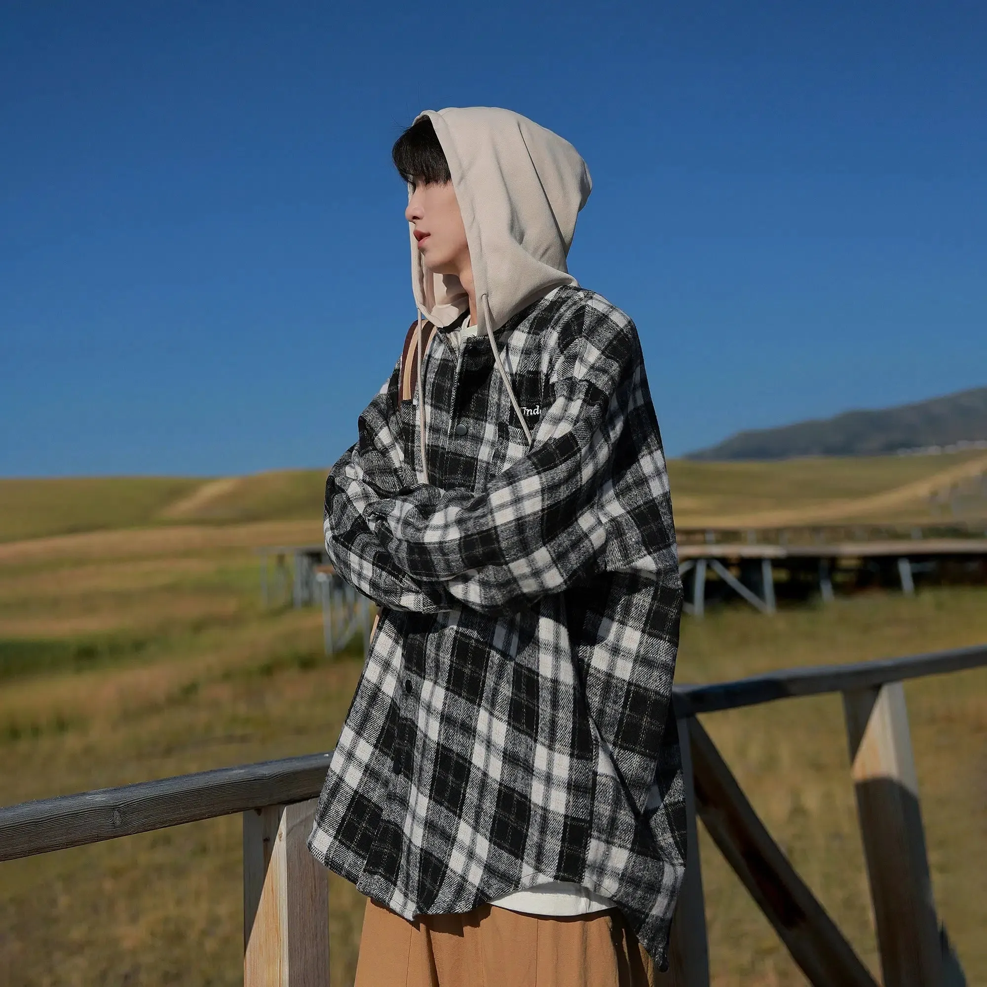 Plaid Button-Up Hoodie Jacket