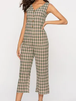 Plaid Sleeveless V-neck Jumpsuit