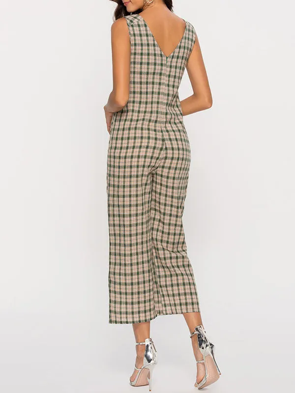 Plaid Sleeveless V-neck Jumpsuit
