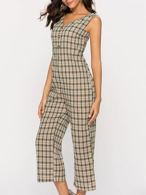 Plaid Sleeveless V-neck Jumpsuit
