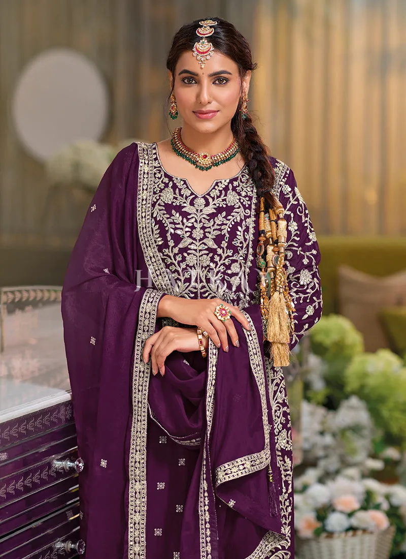 Plum Purple Embroidered Palazzo Suit