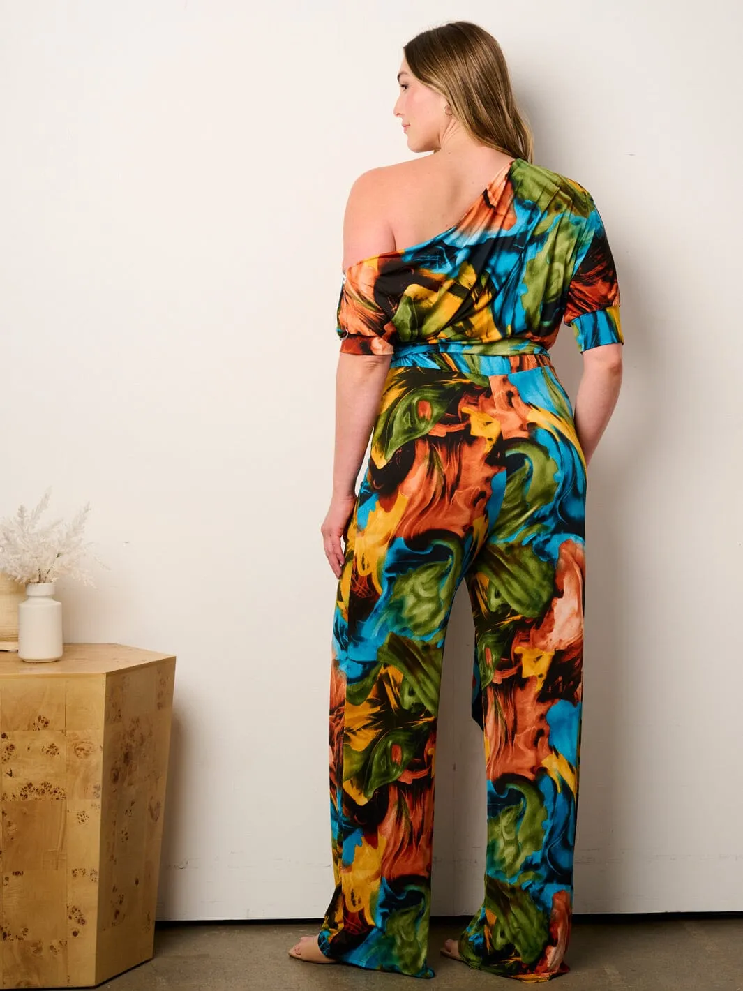 PLUS SIZE OFF SHOULDER SHORT SLEEVE SELF TIE MULTI PRINT WIDE LEG JUMPSUIT