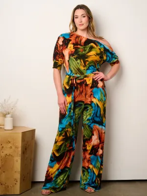 PLUS SIZE OFF SHOULDER SHORT SLEEVE SELF TIE MULTI PRINT WIDE LEG JUMPSUIT