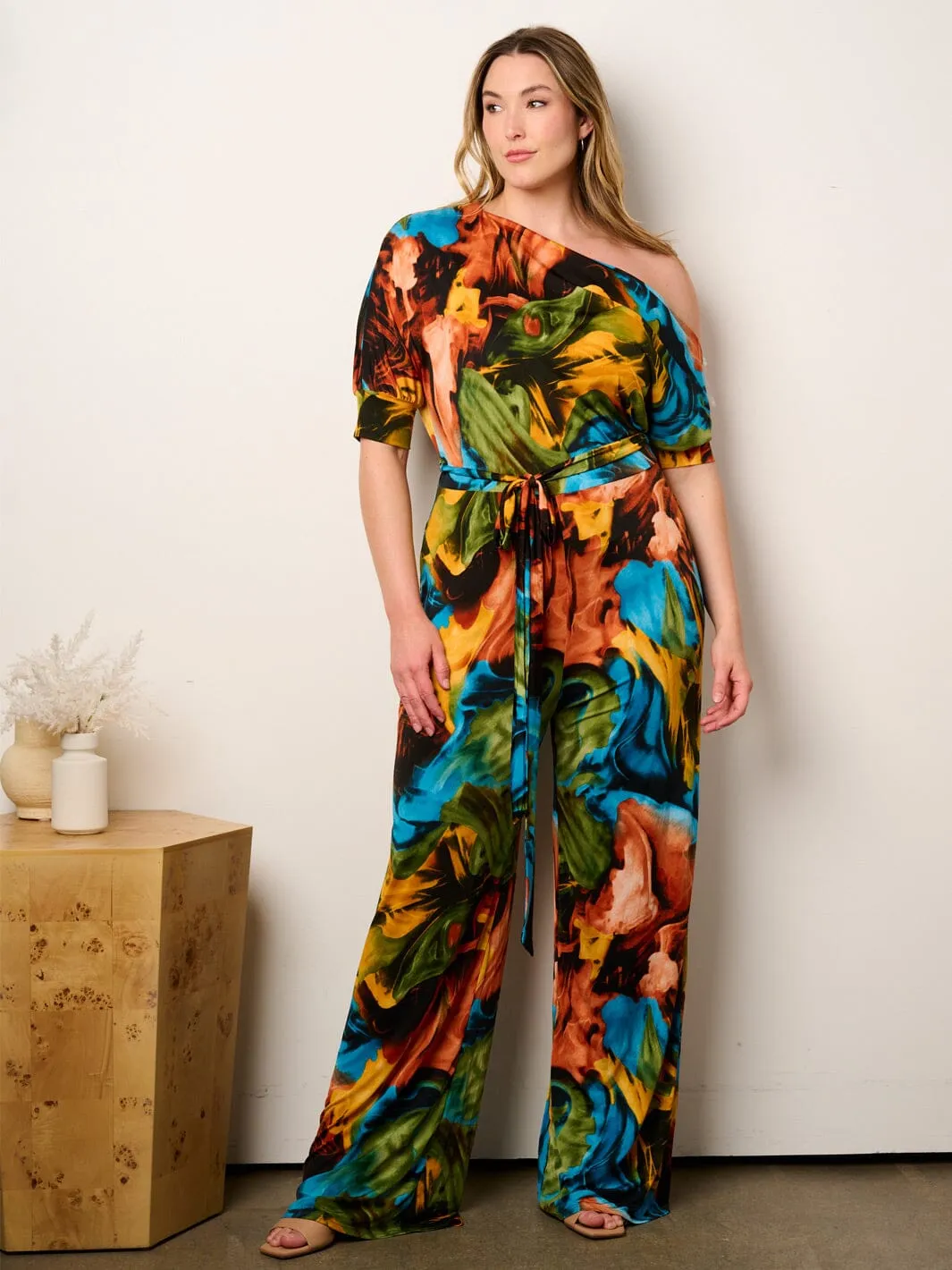 PLUS SIZE OFF SHOULDER SHORT SLEEVE SELF TIE MULTI PRINT WIDE LEG JUMPSUIT