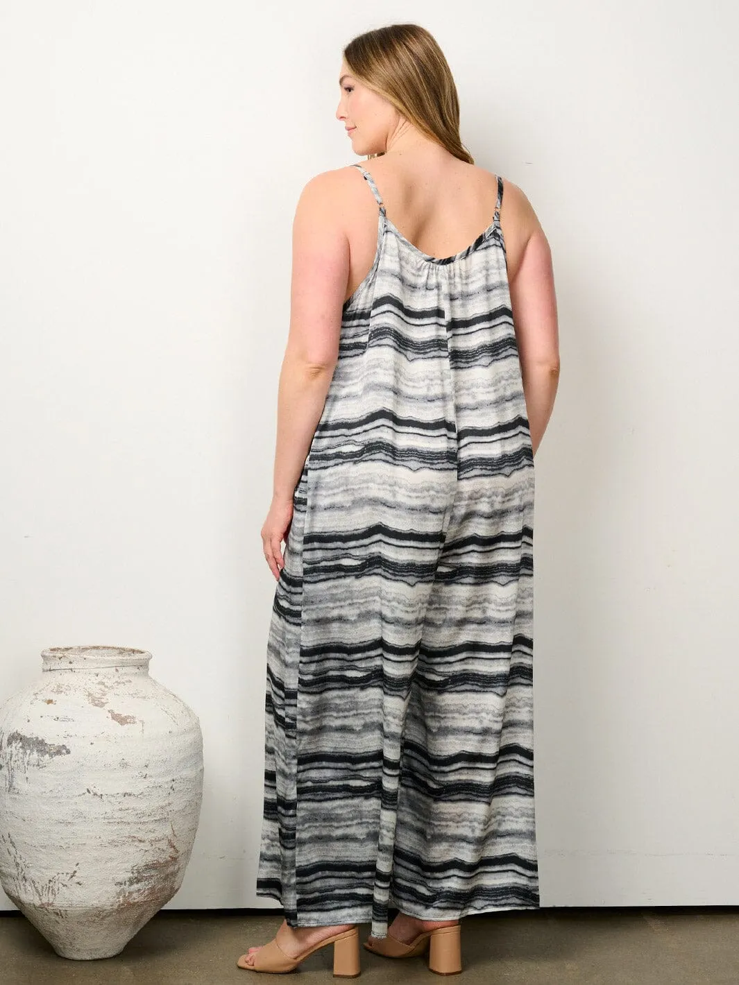PLUS SIZE SLEEVELESS POCKETS TIE DYE WIDE LEG JUMPSUIT