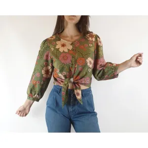Princess Highway green floral long sleeve cropped shirt size 8