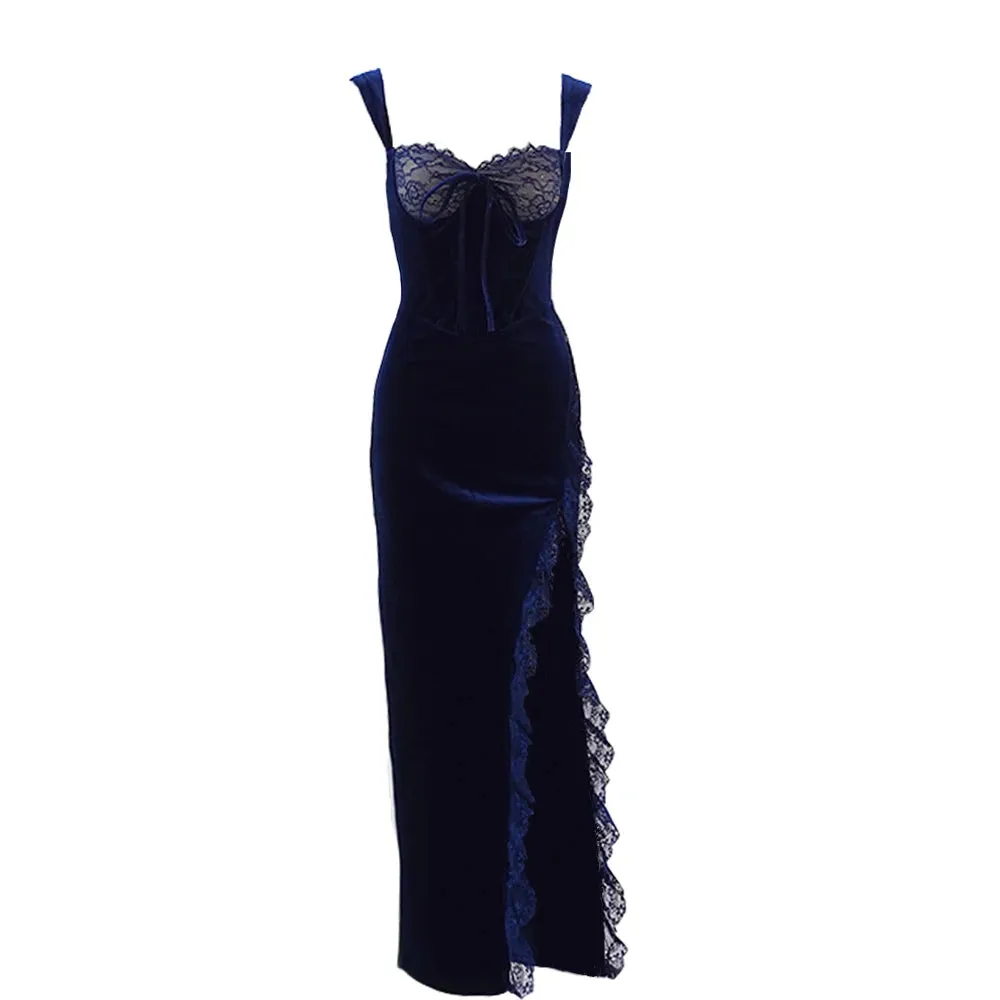 Prom Wedding Guest Dresses Maxi Velvet Dress Sexy Split Blue Bodycon Evening Party Dress Elegant Style