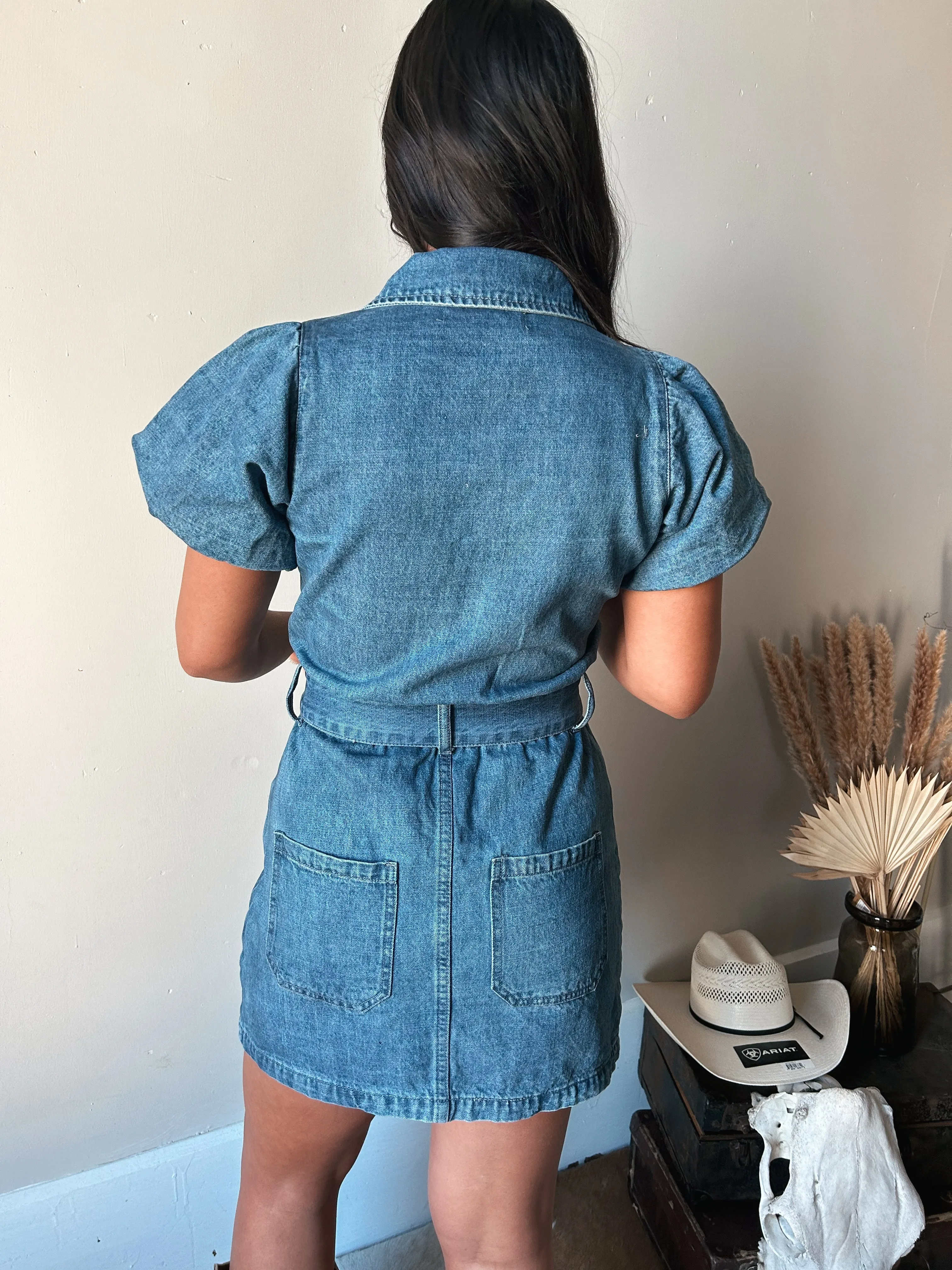 Puff Denim Belted Mini Dress