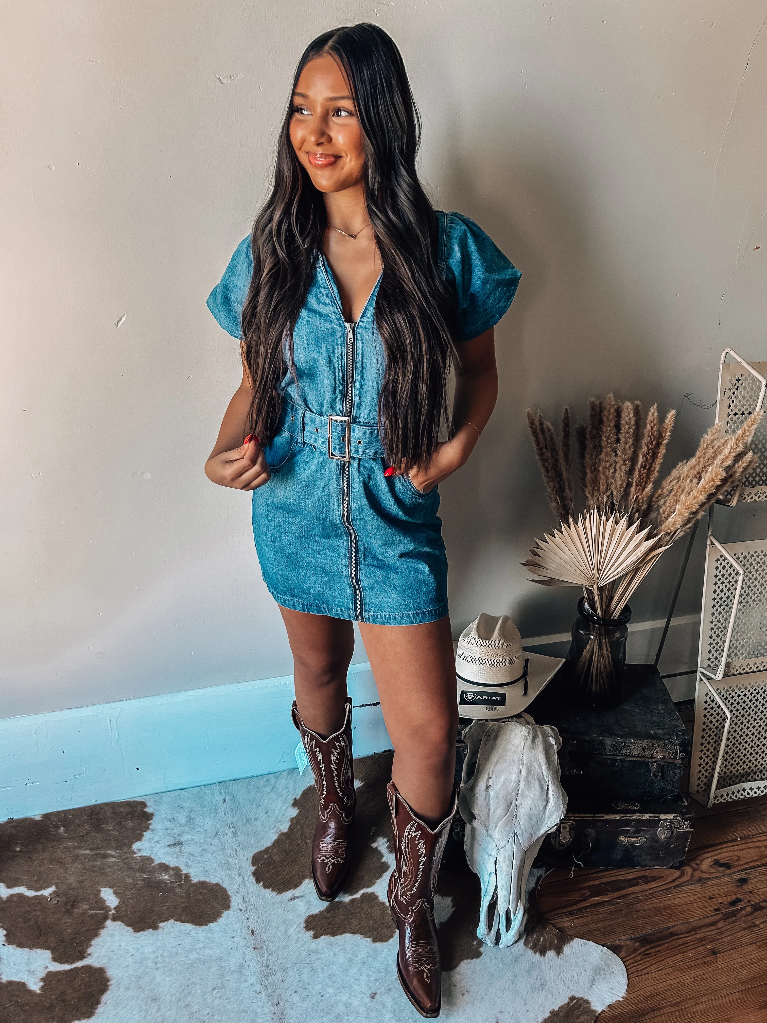 Puff Denim Belted Mini Dress