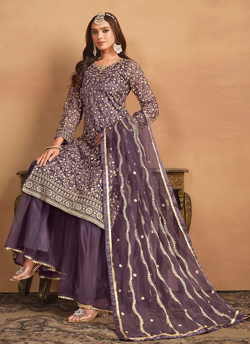 Purple Embroidery Net Gharara Suit