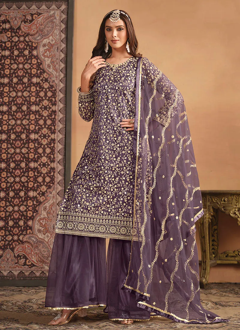 Purple Embroidery Net Gharara Suit