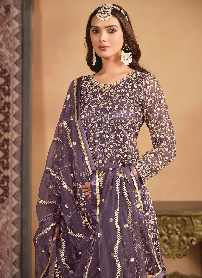 Purple Embroidery Net Gharara Suit