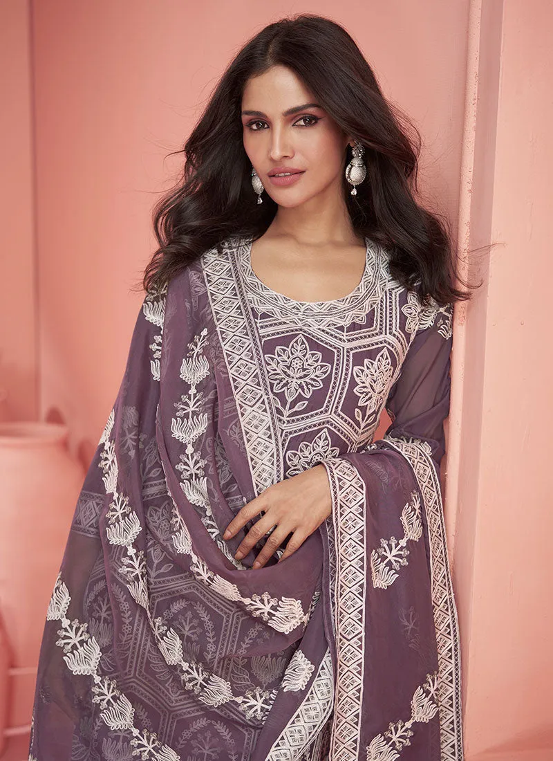 Purple Thread Embroidery Traditional Palazzo Suit