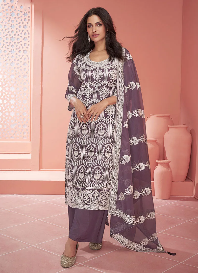 Purple Thread Embroidery Traditional Palazzo Suit