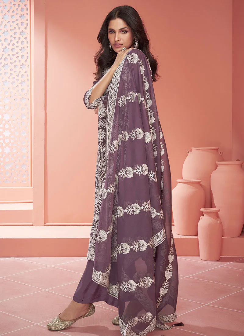 Purple Thread Embroidery Traditional Palazzo Suit