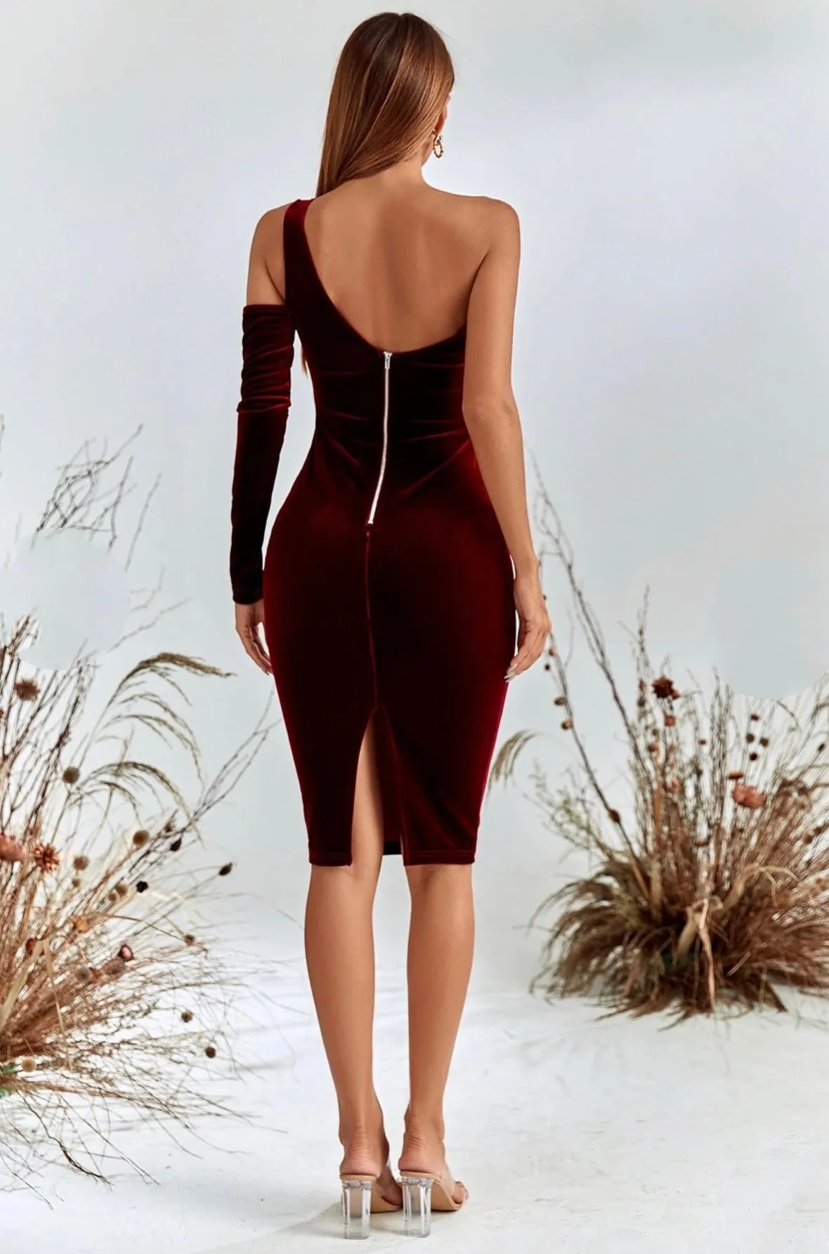 "NAIBETH" WINE RED VELVET BODYCON ONE SHOULDER MIDI DRESS