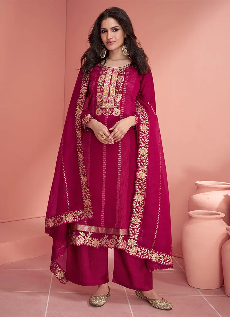 Rani Pink Embroidery Silk Palazzo Suit
