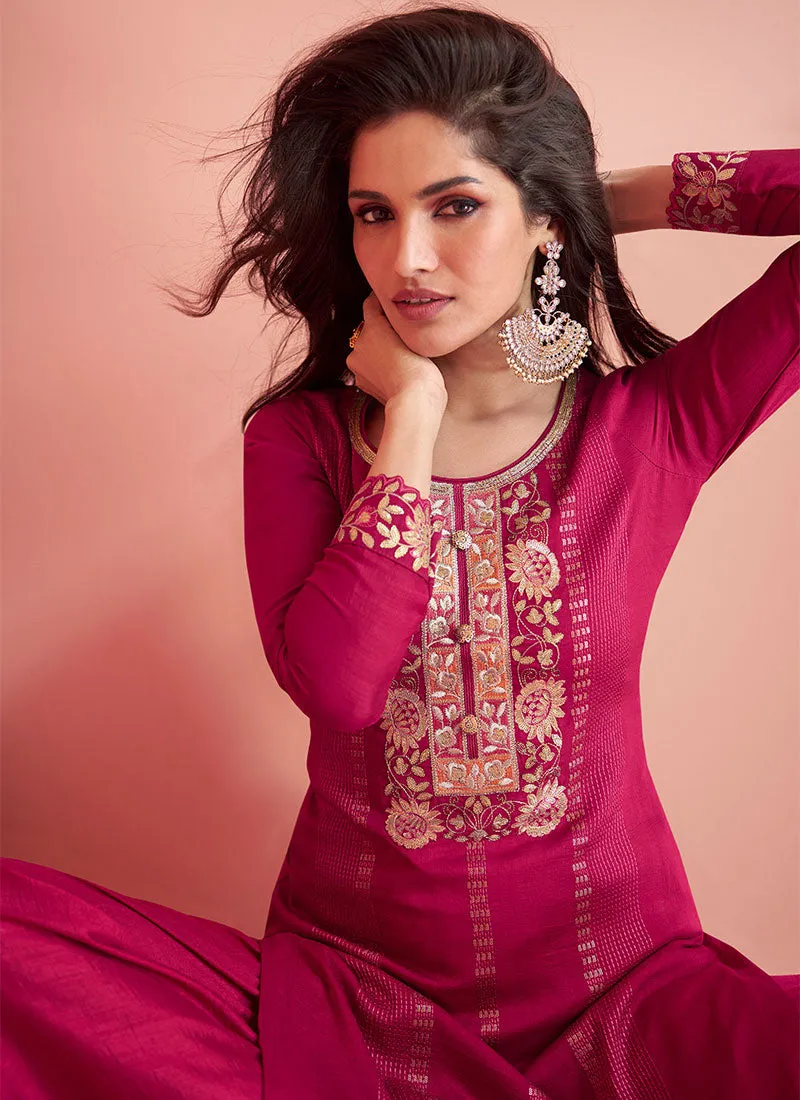 Rani Pink Embroidery Silk Palazzo Suit