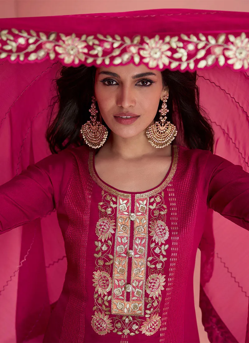 Rani Pink Embroidery Silk Palazzo Suit