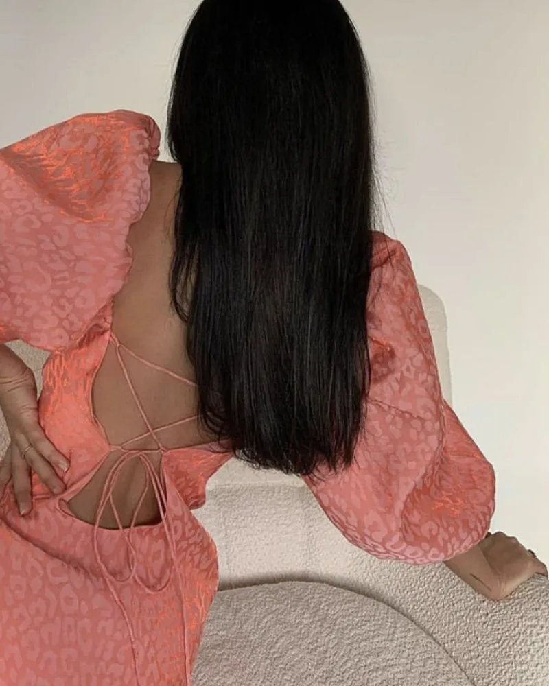 Ruffled Puff Sleeve Lace-up Backless Satin Mini Dresses