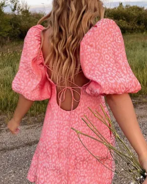 Ruffled Puff Sleeve Lace-up Backless Satin Mini Dresses