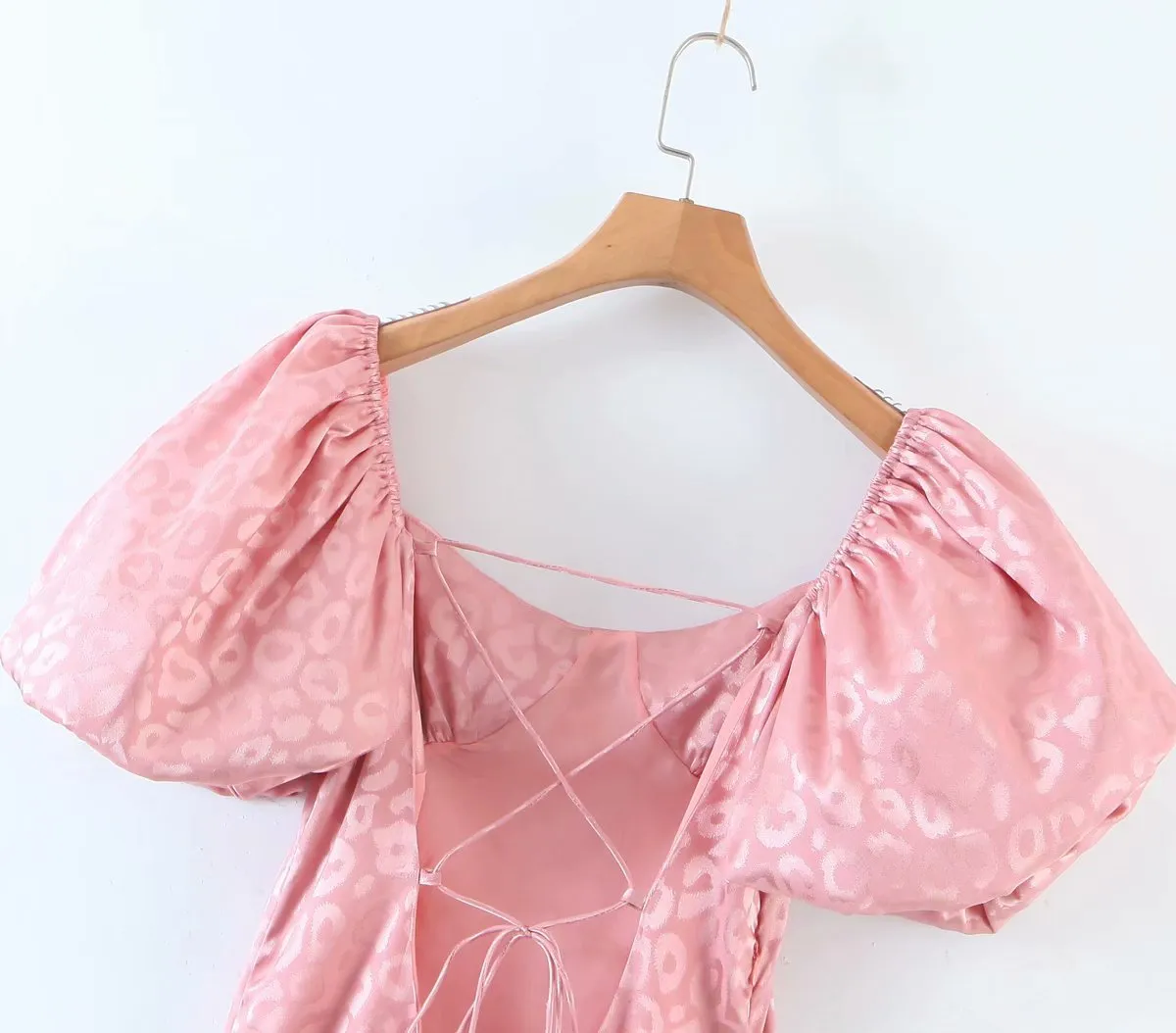 Ruffled Puff Sleeve Lace-up Backless Satin Mini Dresses