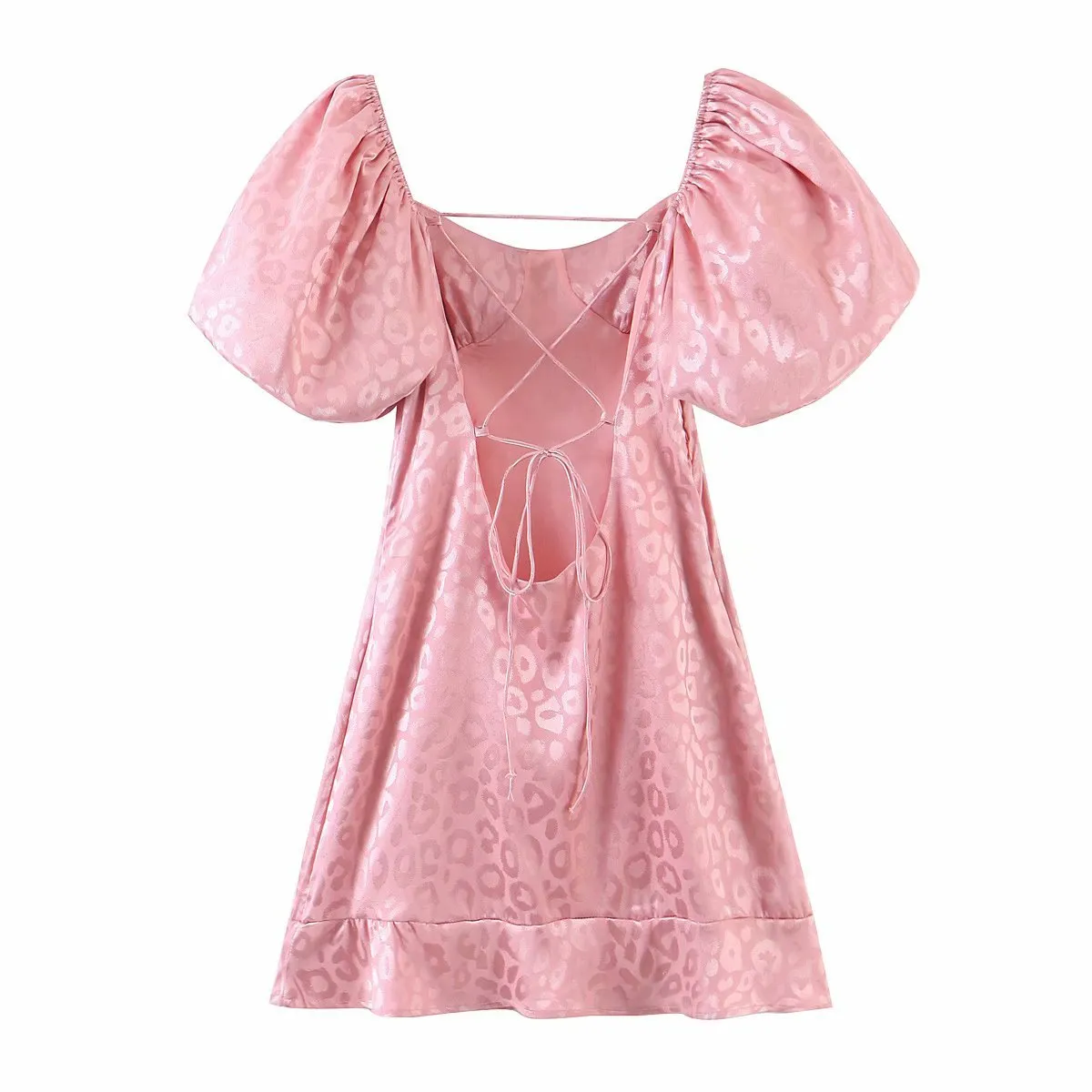 Ruffled Puff Sleeve Lace-up Backless Satin Mini Dresses
