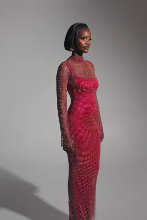 SASHA Rhinestone Maxi Dress in Burgundy